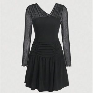 Asymmetrical Neck Ruched Ruffle Hem Mesh Dress